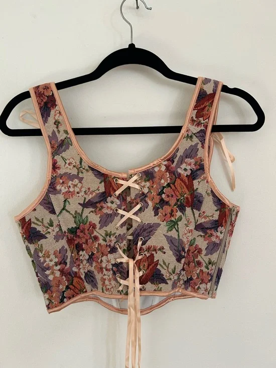 floral tapestry lace-up bustier corset crop top size small - Picture 3 of 7